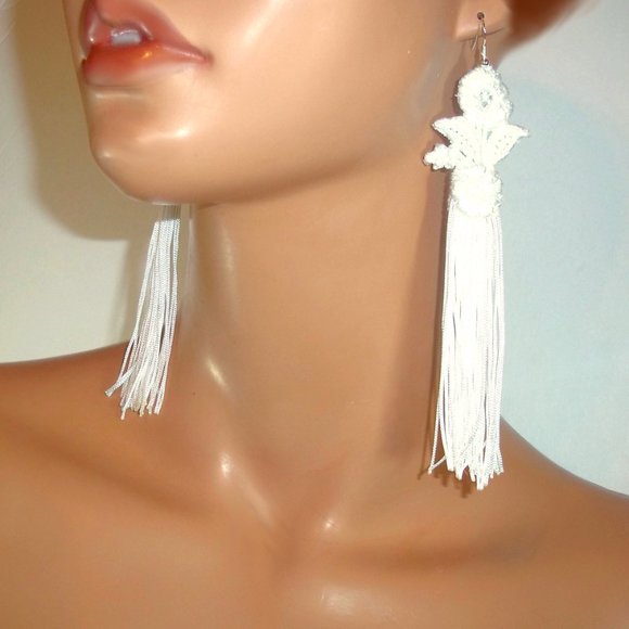 White Flower Lace Tassel Earrings, Long White Earrings, White Tassel Earrings - Picture 4 of 4
